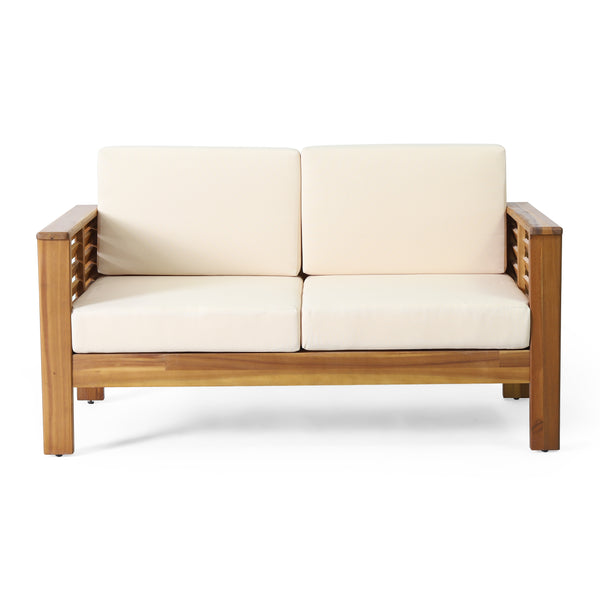 English Elm Christopher Knight Home® - Teak Acacia Wood 4-Piece Outdoor Chat Set with Water-Resistant Cream Cushions, Shutter Slat Design 70692.00-2_70844.00