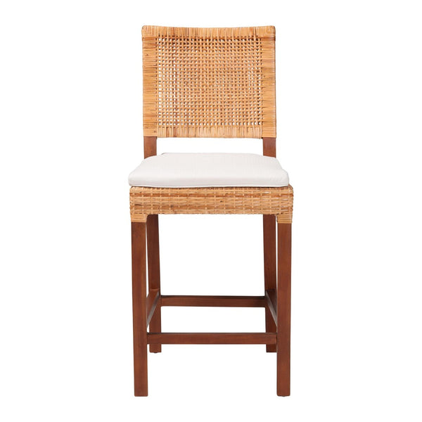 Baxton Studio bali Lesia Handwoven Rattan Counter Stool - Coastal Boho Kitchen Seating with Plush Cushion & Mahogany Frame Lesia-MDN-Mahogany-Cushion-CS