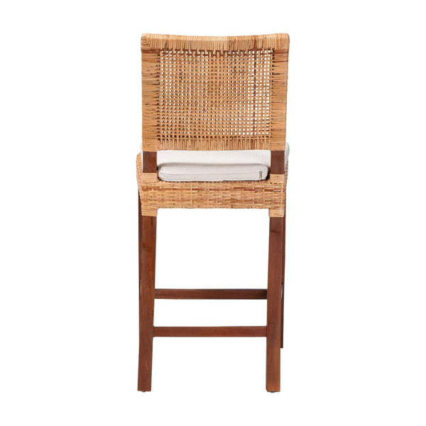 Baxton Studio bali Lesia Handwoven Rattan Counter Stool - Coastal Boho Kitchen Seating with Plush Cushion & Mahogany Frame Lesia-MDN-Mahogany-Cushion-CS