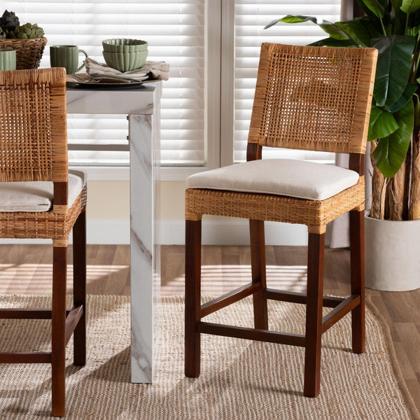 Baxton Studio bali Lesia Handwoven Rattan Counter Stool - Coastal Boho Kitchen Seating with Plush Cushion & Mahogany Frame Lesia-MDN-Mahogany-Cushion-CS