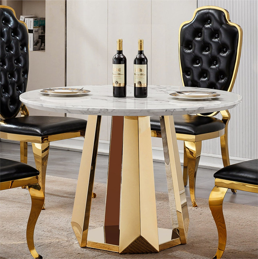 English Elm 47" Round Marble Dining Table - Modern High-Gloss Faux Marble Top & Stainless Steel Base For Chic Dining W3456S00036