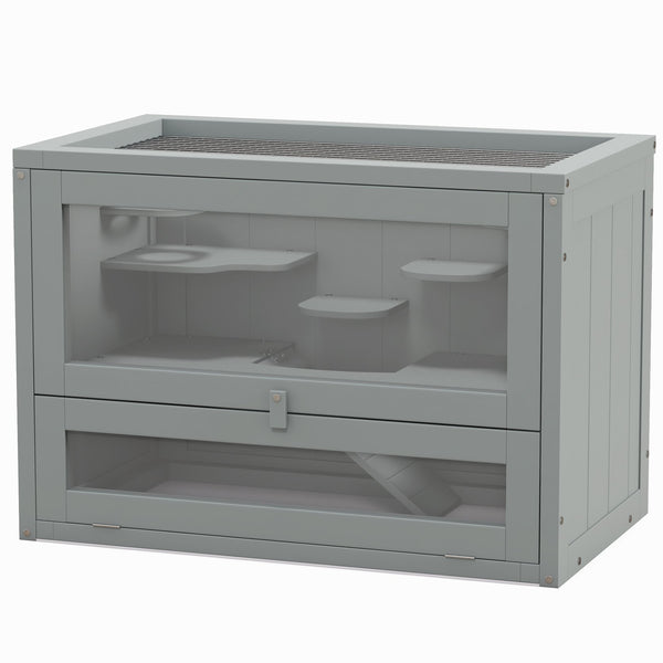 English Elm PawHut Wooden 2-Level Small Animal Habitat for Hamsters Mice Gerbils Guinea Pigs with Ramp and Ventilated Top Grey W2225P200495