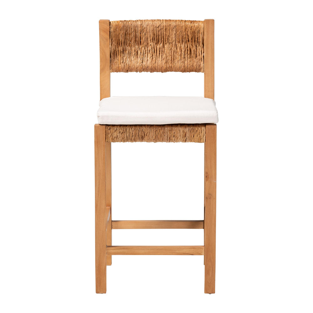 Baxton Studio Bali Pava Woven Seagrass Counter Stool – Solid Mahogany Frame, Removable Cushion, Coastal Boho Appeal MD-39882-Honey Wooden-Cushion-CS