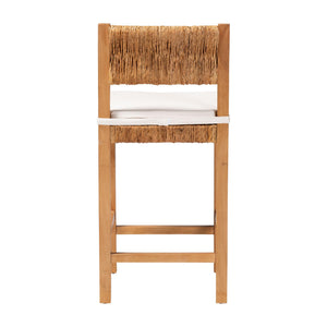 Baxton Studio Bali Pava Woven Seagrass Counter Stool – Solid Mahogany Frame, Removable Cushion, Coastal Boho Appeal MD-39882-Honey Wooden-Cushion-CS