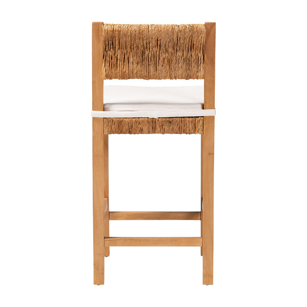 Baxton Studio Bali Pava Woven Seagrass Counter Stool – Solid Mahogany Frame, Removable Cushion, Coastal Boho Appeal MD-39882-Honey Wooden-Cushion-CS