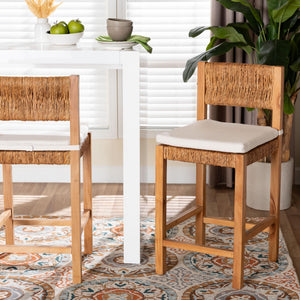 Baxton Studio Bali Pava Woven Seagrass Counter Stool – Solid Mahogany Frame, Removable Cushion, Coastal Boho Appeal MD-39882-Honey Wooden-Cushion-CS