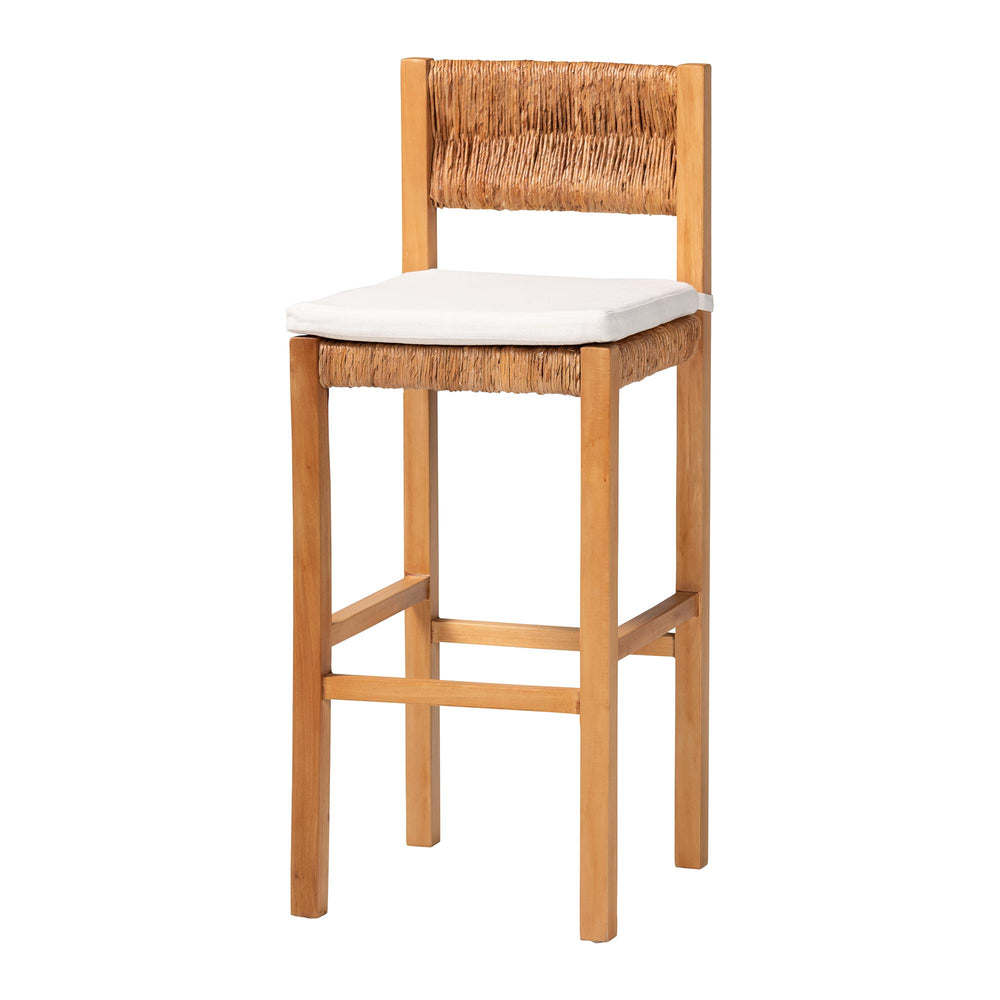 Baxton Studio Bali Pava Woven Seagrass Bar Stool — Solid Mahogany Frame, Handwoven Coastal Boho Comfort, 29.7" Seat Height MD-39883-Honey Wooden-Cushion-BS