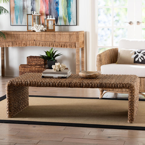 Baxton Studio Bali & Pari Alda Seagrass Handwoven Bohemian Coffee Table with Waterfall Acacia Frame Alda-Light Honey Rattan-Coffee Table