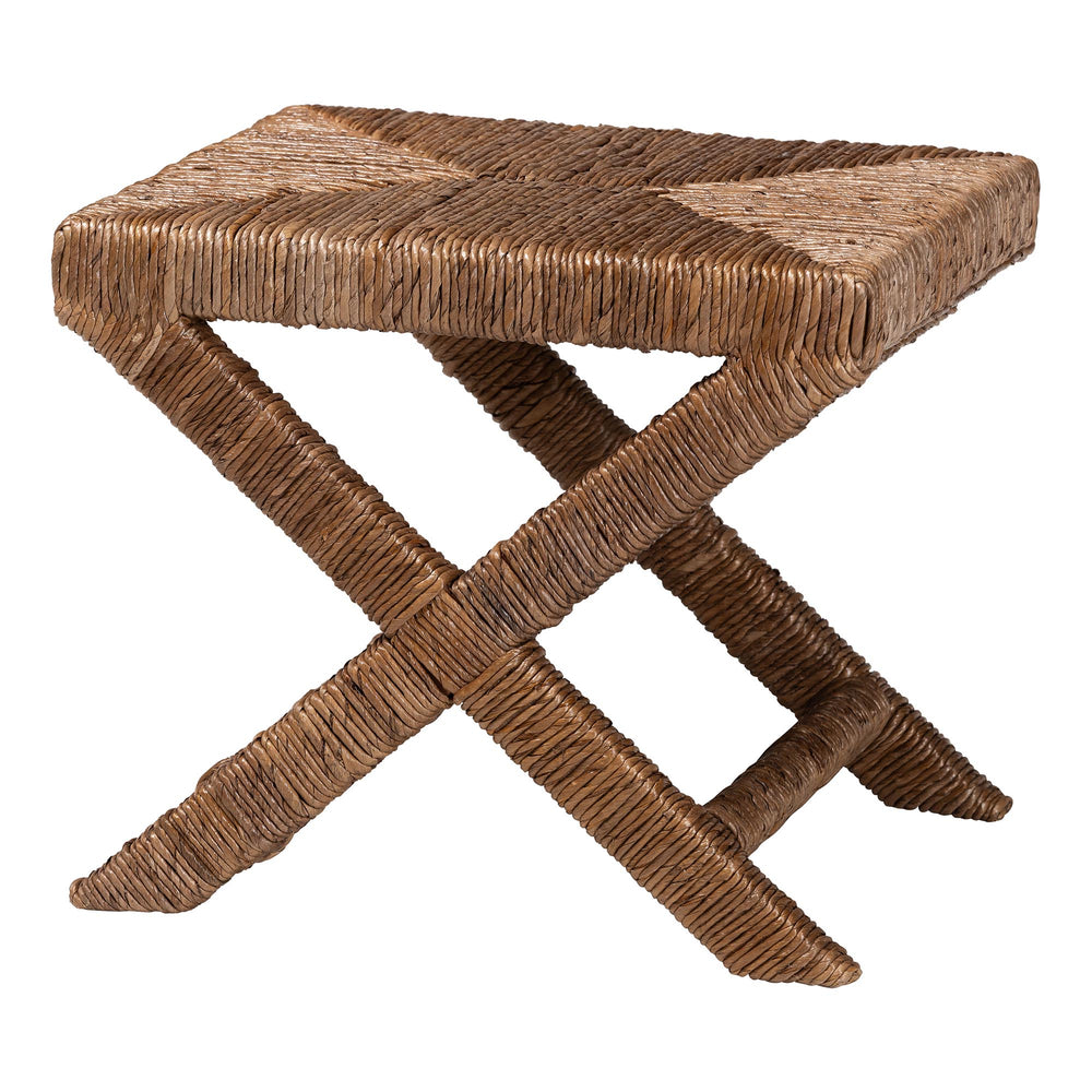 Baxton Studio Bali Alda Woven Seagrass Ottoman — Handwoven Mahogany Frame, Crisscross X-Base, Boho Coastal Accent Stool Alda-Light Honey Wooden-Stool