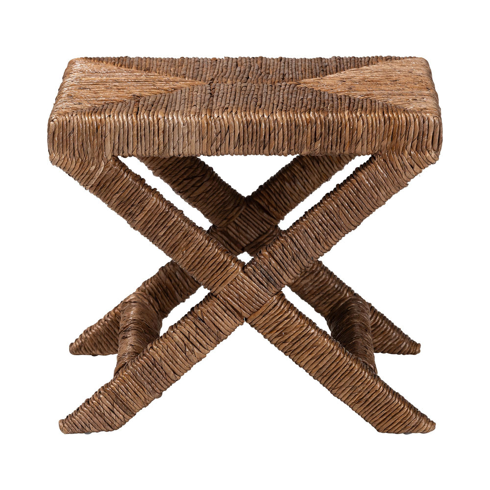 Baxton Studio Bali Alda Woven Seagrass Ottoman — Handwoven Mahogany Frame, Crisscross X-Base, Boho Coastal Accent Stool Alda-Light Honey Wooden-Stool