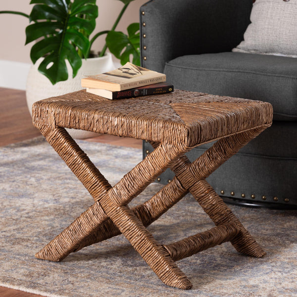 Baxton Studio Bali Alda Woven Seagrass Ottoman — Handwoven Mahogany Frame, Crisscross X-Base, Boho Coastal Accent Stool Alda-Light Honey Wooden-Stool
