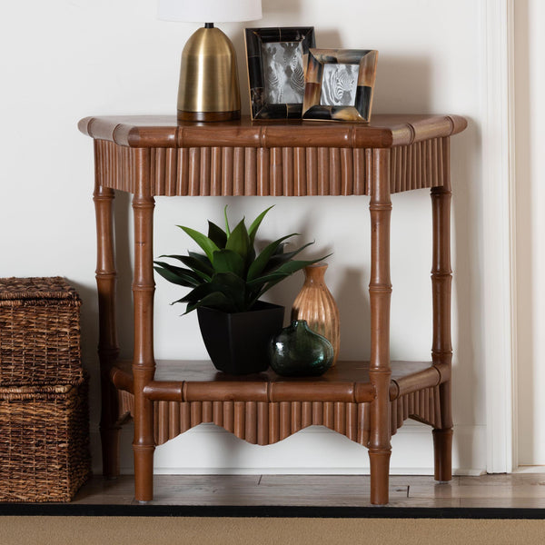 Baxton Studio Bali & Pari Alessa Solid Mahogany Entryway Console with Carved Bamboo Fluted Two Tier Design 33.9W x 13.2D x 32.3H Alessa-Light Brown Wooden-32in-Console Table