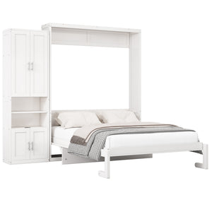 English Elm Full Murphy Bed with Side Cabinet, Desk Combo, USB Charging, Adjustable Shelves, 600lb Capacity, White BS7012008109C
