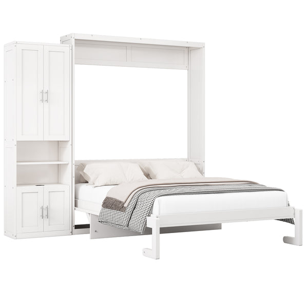 English Elm Full Murphy Bed with Side Cabinet, Desk Combo, USB Charging, Adjustable Shelves, 600lb Capacity, White BS7012008109C
