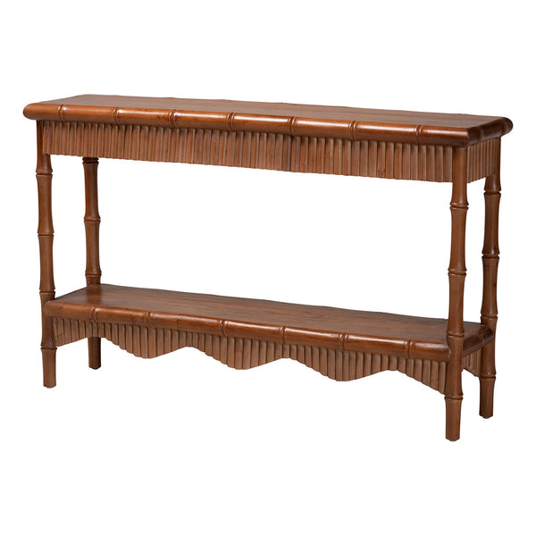 Baxton Studio Bali & Pari Alessa Solid Mahogany Entryway Console with Carved Bamboo Fluted Two Tier Design 53.9W x 13D x 33.1H Alessa-Light Brown Wooden-54in-Console Table