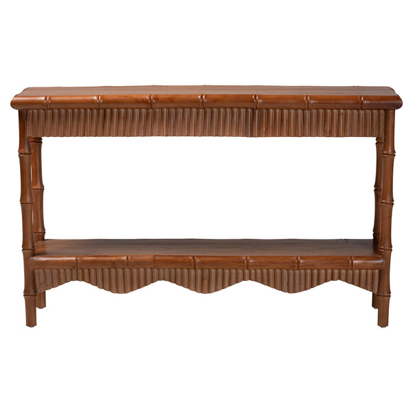 Baxton Studio Bali & Pari Alessa Solid Mahogany Entryway Console with Carved Bamboo Fluted Two Tier Design 53.9W x 13D x 33.1H Alessa-Light Brown Wooden-54in-Console Table