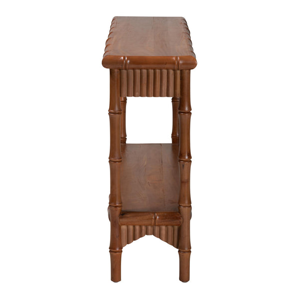 Baxton Studio Bali & Pari Alessa Solid Mahogany Entryway Console with Carved Bamboo Fluted Two Tier Design 53.9W x 13D x 33.1H Alessa-Light Brown Wooden-54in-Console Table