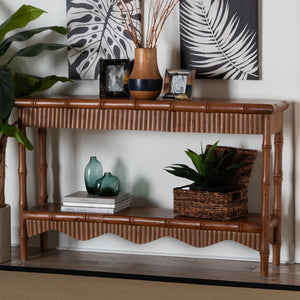 Baxton Studio Bali & Pari Alessa Solid Mahogany Entryway Console with Carved Bamboo Fluted Two Tier Design 53.9W x 13D x 33.1H Alessa-Light Brown Wooden-54in-Console Table