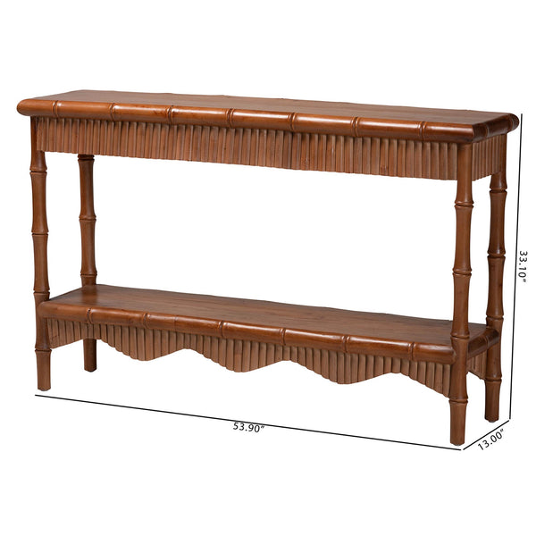 Baxton Studio Bali & Pari Alessa Solid Mahogany Entryway Console with Carved Bamboo Fluted Two Tier Design 53.9W x 13D x 33.1H Alessa-Light Brown Wooden-54in-Console Table