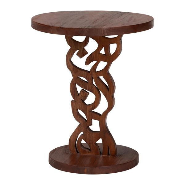 Baxton Studio Bali Donna Nightstand — Mahogany Round Pedestal Bedside Table, Carved Geometric Base, Assembled Donna-Light Brown Wooden-NS-Boxed