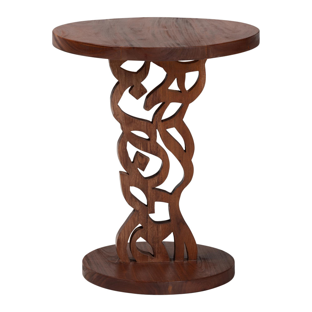 Baxton Studio Bali Donna Nightstand — Mahogany Round Pedestal Bedside Table, Carved Geometric Base, Assembled Donna-Light Brown Wooden-NS-Boxed