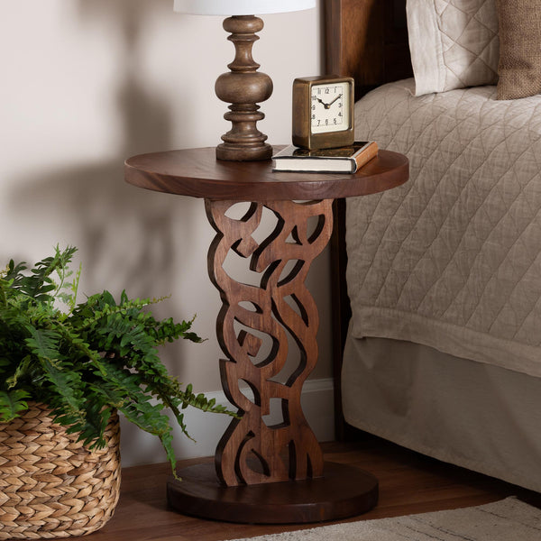 Baxton Studio Bali Donna Nightstand — Mahogany Round Pedestal Bedside Table, Carved Geometric Base, Assembled Donna-Light Brown Wooden-NS-Boxed