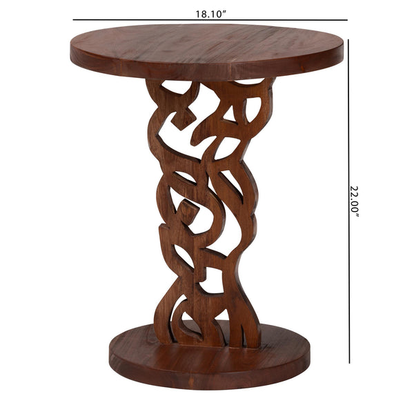 Baxton Studio Bali Donna Nightstand — Mahogany Round Pedestal Bedside Table, Carved Geometric Base, Assembled Donna-Light Brown Wooden-NS-Boxed