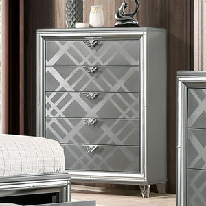 English Elm Contemporary Chic Five-Drawer Chest with Chrome Legs, High-Gloss Coating, Smooth Modern Design Silver 42 L x 22 W x 56 H B2741P368921