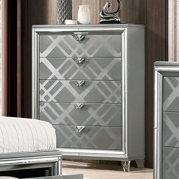English Elm Contemporary Chic Five-Drawer Chest with Chrome Legs, High-Gloss Coating, Smooth Modern Design Silver 42 L x 22 W x 56 H B2741P368921