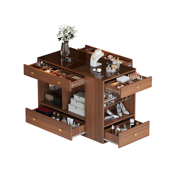 English Elm Closet Elegant walk-in island with glass display top, 6 drawers and open shelves for organized storage Walnut 39.76 L x 17.32 W x 12.2 H N733S304513D