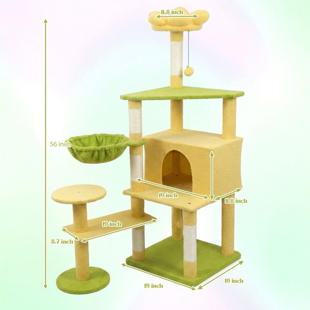 English Elm Flower Cat Tree 5 Level Floral Tower with Condo Hammock and Sisal Scratching Posts W243P451168