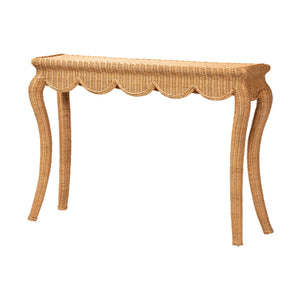 Baxton Studio Bali Deborah Natural Rattan Coffee Table — Handwoven Coastal Centerpiece With Scalloped Edge Elegance 48.00" W x 13.70" D x 33.60" H Debora-Light Honey Rattan-Console Table