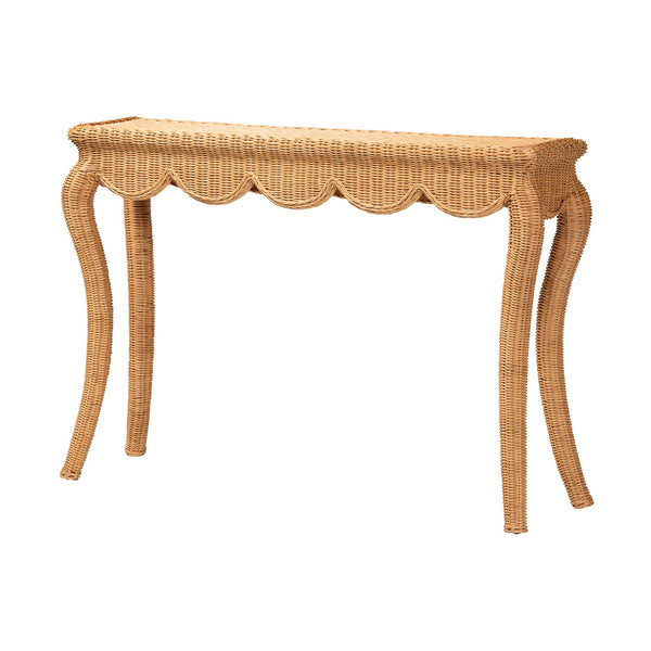 Baxton Studio Bali Deborah Natural Rattan Coffee Table — Handwoven Coastal Centerpiece With Scalloped Edge Elegance 48.00" W x 13.70" D x 33.60" H Debora-Light Honey Rattan-Console Table