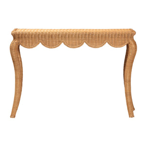 Baxton Studio Bali Deborah Natural Rattan Coffee Table — Handwoven Coastal Centerpiece With Scalloped Edge Elegance 48.00" W x 13.70" D x 33.60" H Debora-Light Honey Rattan-Console Table