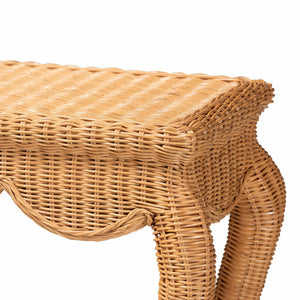 Baxton Studio Bali Deborah Natural Rattan Coffee Table — Handwoven Coastal Centerpiece With Scalloped Edge Elegance 48.00" W x 13.70" D x 33.60" H Debora-Light Honey Rattan-Console Table