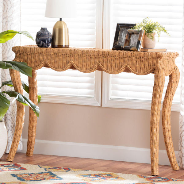 Baxton Studio Bali Deborah Natural Rattan Coffee Table — Handwoven Coastal Centerpiece With Scalloped Edge Elegance 48.00" W x 13.70" D x 33.60" H Debora-Light Honey Rattan-Console Table