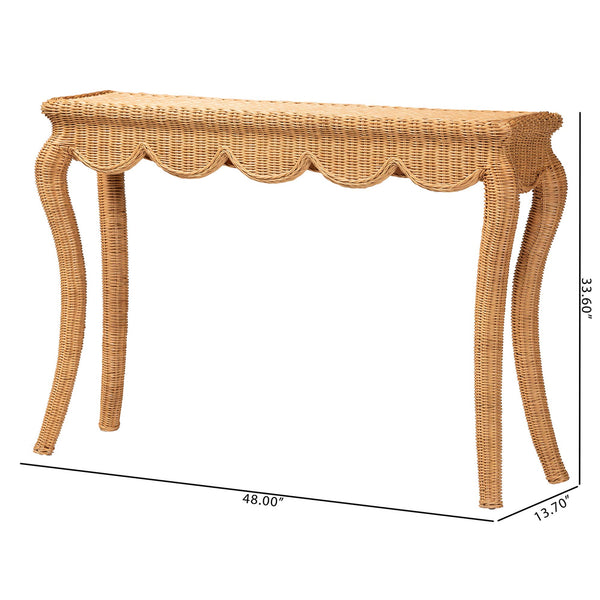 Baxton Studio Bali Deborah Natural Rattan Coffee Table — Handwoven Coastal Centerpiece With Scalloped Edge Elegance 48.00" W x 13.70" D x 33.60" H Debora-Light Honey Rattan-Console Table