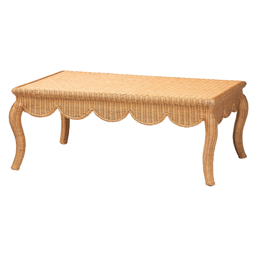 Baxton Studio Bali Deborah Natural Rattan Coffee Table — Handwoven Coastal Centerpiece With Scalloped Edge Elegance 49.60" W x 31.50" D x 19.70" H Debora-Light Honey Rattan-Coffee Table