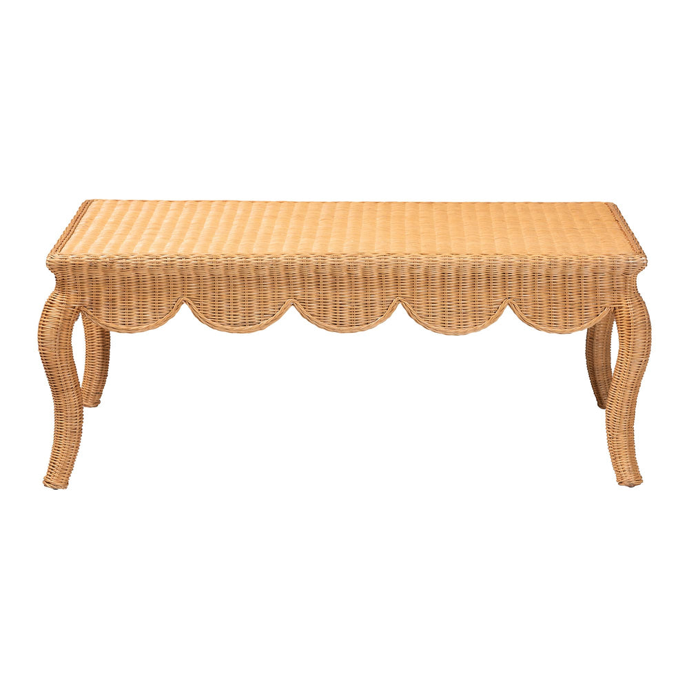 Baxton Studio Bali Deborah Natural Rattan Coffee Table — Handwoven Coastal Centerpiece With Scalloped Edge Elegance 49.60" W x 31.50" D x 19.70" H Debora-Light Honey Rattan-Coffee Table