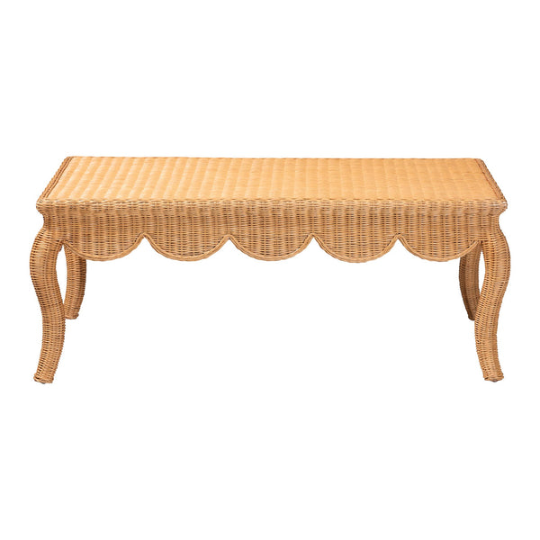 Baxton Studio Bali Deborah Natural Rattan Coffee Table — Handwoven Coastal Centerpiece With Scalloped Edge Elegance 49.60" W x 31.50" D x 19.70" H Debora-Light Honey Rattan-Coffee Table