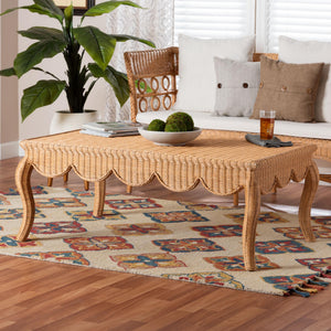 Baxton Studio Bali Deborah Natural Rattan Coffee Table — Handwoven Coastal Centerpiece With Scalloped Edge Elegance 49.60" W x 31.50" D x 19.70" H Debora-Light Honey Rattan-Coffee Table