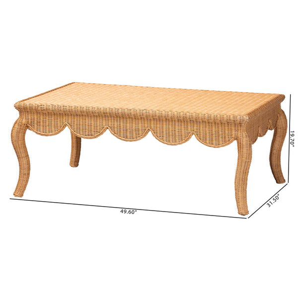 Baxton Studio Bali Deborah Natural Rattan Coffee Table — Handwoven Coastal Centerpiece With Scalloped Edge Elegance 49.60" W x 31.50" D x 19.70" H Debora-Light Honey Rattan-Coffee Table
