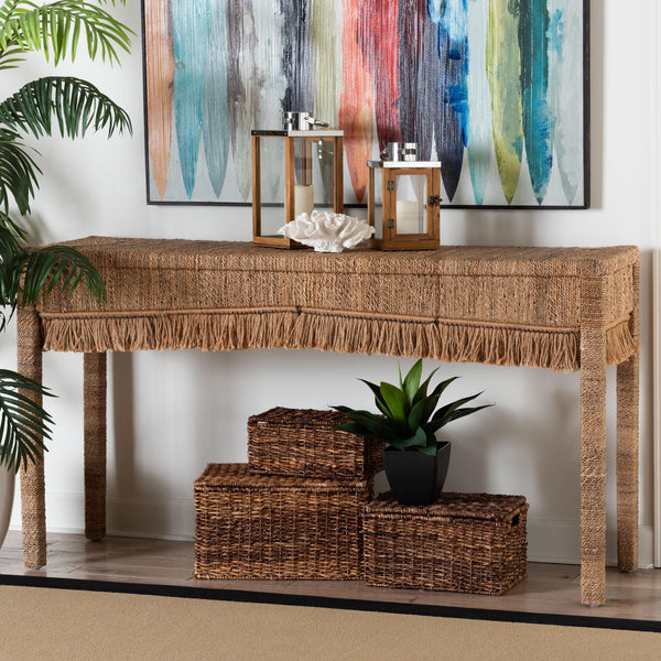 Baxton Studio Bali & Pari Fiona Seagrass Acacia Console Table Handwoven Boho Entryway Accent Fiona-Light Brown Wooden-Console Table