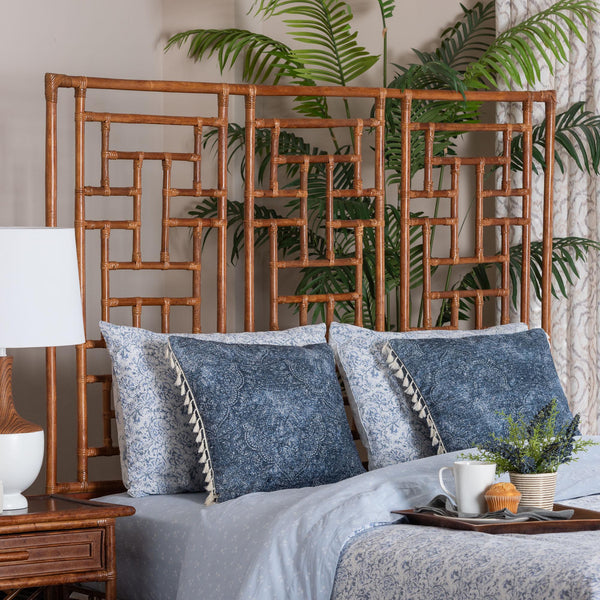 Baxton Studio Bali Jamuna Rattan Headboard For Queen Bed — Handcrafted Chinoiserie Openwork Coastal Boho Backdrop Marbled Tortoise Brown/Mahogany Brown WS188-Tortoise/Rattan-Queen-HB