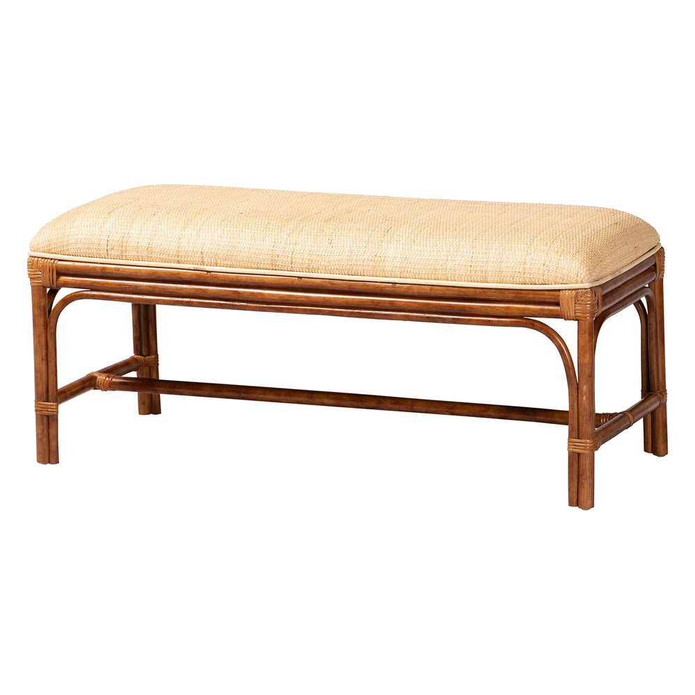 Baxton Studio Bali Belen Marbled Tortoise Rattan Bench — Handwoven Coastal-Boho Seating With Cushioned Seat, Ready-To-Use WS191-Tortoise/Natural Rattan-Cushion-Bench