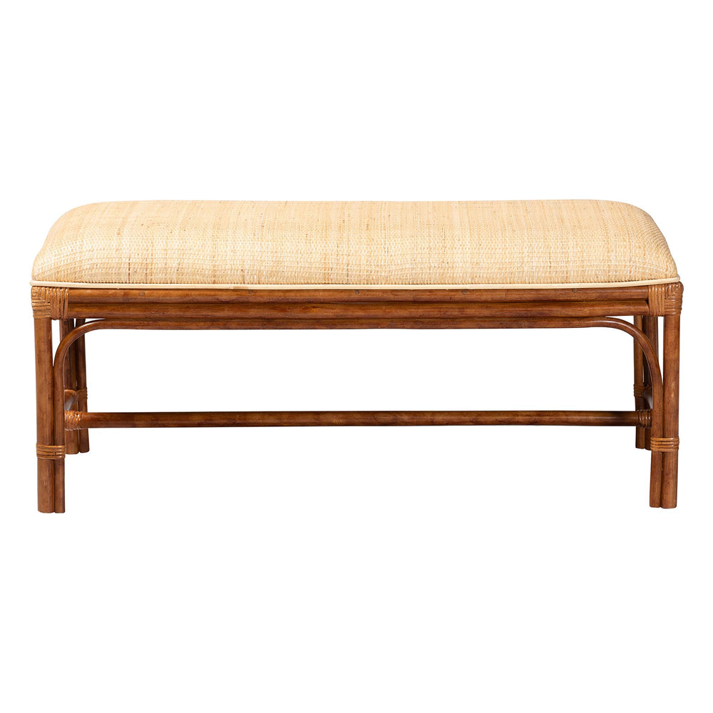 Baxton Studio Bali Belen Marbled Tortoise Rattan Bench — Handwoven Coastal-Boho Seating With Cushioned Seat, Ready-To-Use WS191-Tortoise/Natural Rattan-Cushion-Bench
