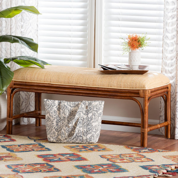 Baxton Studio Bali Belen Marbled Tortoise Rattan Bench — Handwoven Coastal-Boho Seating With Cushioned Seat, Ready-To-Use WS191-Tortoise/Natural Rattan-Cushion-Bench