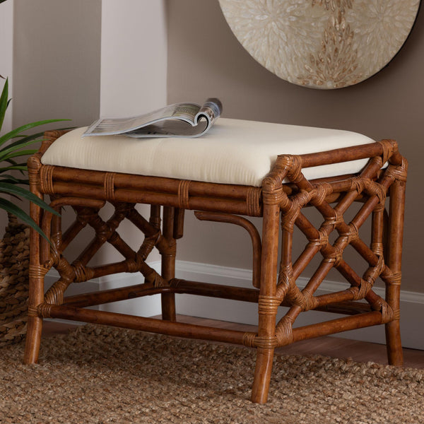 Baxton Studio Bali Morley Marbled Tortoise Rattan Ottoman — Handcrafted Coastal-Boho Accent Stool, Plush Seat WS192-Tortoise Cushion-Rattan-Stool