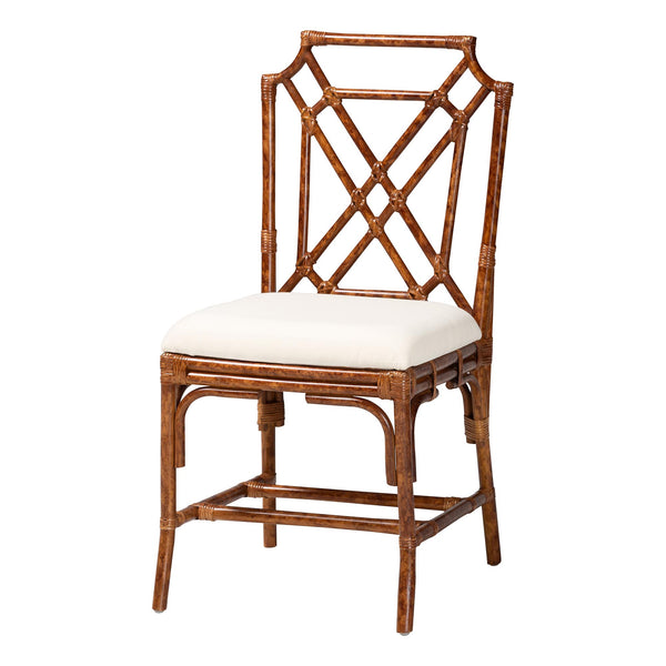 Baxton Studio Bali Esmery Marbled Tortoise Rattan Dining Chair – Handwoven Crisscross Back, Plush Upholstered Seat, Coastal Boho Appeal WS193-Tortoise Cushion-Rattan-DC