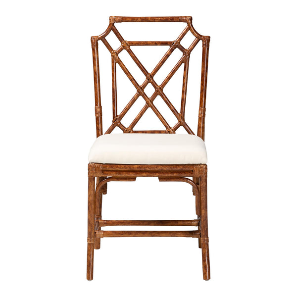 Baxton Studio Bali Esmery Marbled Tortoise Rattan Dining Chair – Handwoven Crisscross Back, Plush Upholstered Seat, Coastal Boho Appeal WS193-Tortoise Cushion-Rattan-DC